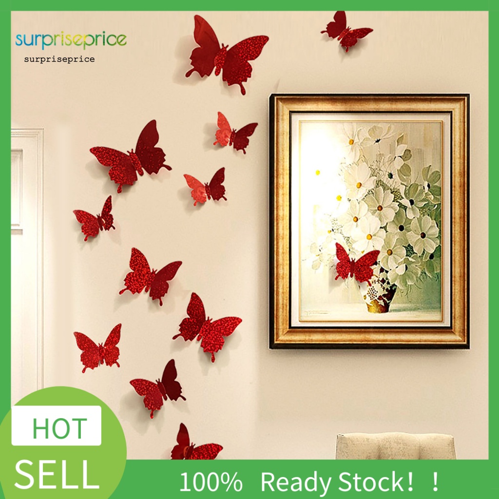 Bộ 12 Miếng Dán Tường Bằng PVC Hình Bướm 3D Độc Đáo Trang Trí Nhà Cửa