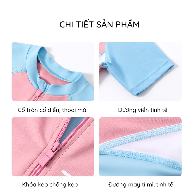 Đồ bơi bé gái, chân váy liền thân tay ngắn, chất vải co giãn, kiểu dáng thể thao phù hợp cho bé từ 22kg – 50kg