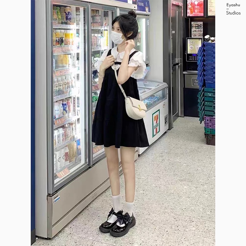 Dễ Thương Đầm Ngắn Mùa Hè Màu Đen Giả Váy Sơ Mi Phong Cách Ngọt Ngào Cho Nữ     hka089