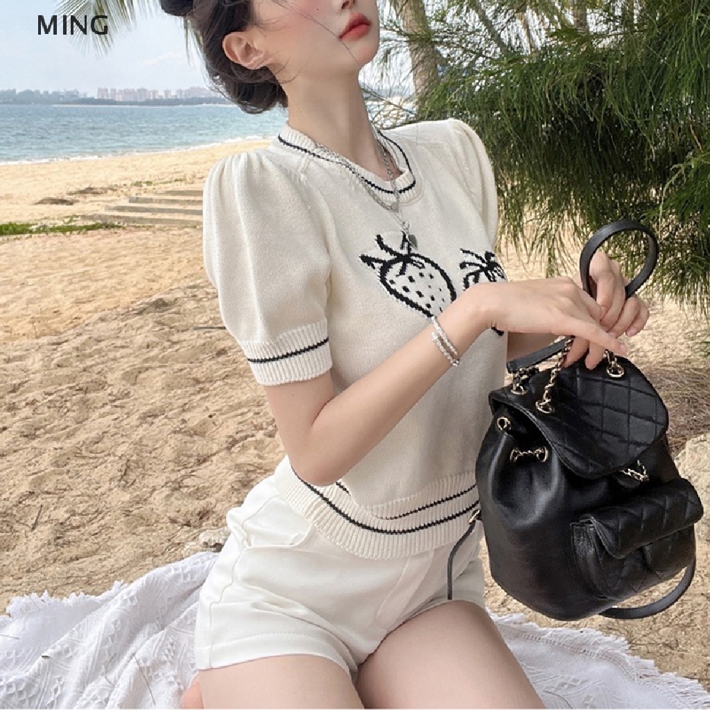 Áo Thun Dệt Kim Tay Ngắn Cổ Tròn In Hình Dâu Tây Phong Cách Retro Dành Cho Nữ