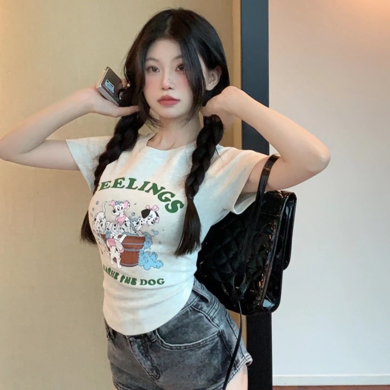 Áo Thun Ngắn Tay Dáng Ôm In Họa Tiết Hoạt Hình Cún Con Đáng Yêu Thời Trang Mùa Hè Cho Nữ