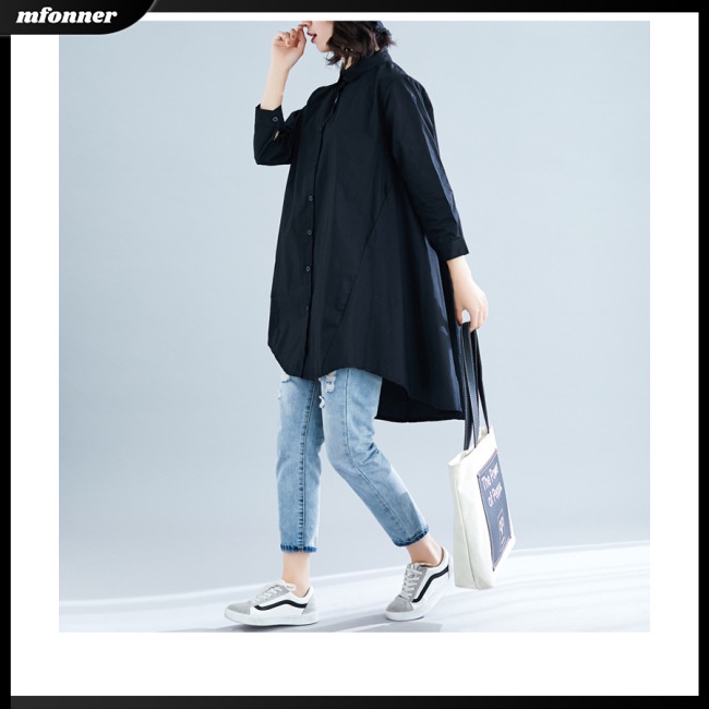 Áo Sơ Mi Cotton Lanh Tay Lửng Dáng Rộng Màu Sắc Đơn Giản Cho Nữ