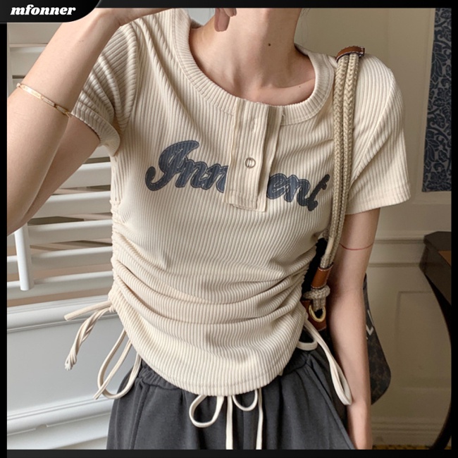 Áo Thun Ngắn Tay Cổ Tròn Dây Rút Họa Tiết Chữ Thời Trang Cho Nữ