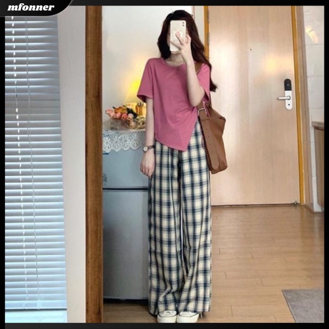 Set Đồ 2 Món Áo Tay Ngắn Cổ Tròn Màu Sắc Trơn Kèm Quần Dài Ống Rộng Cá Tính Cho Nữ