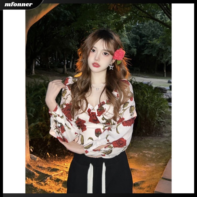 Áo Croptop Cổ Vuông Tay Phồng In Họa Tiết Hoa Hồng Phong Cách Retro Pháp Cho Nữ