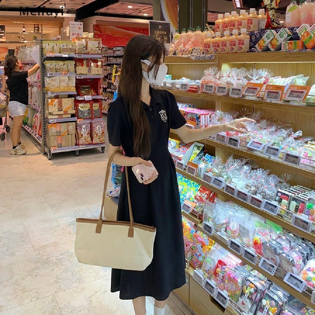 [Meifuyi] Đầm Dáng Chữ A Cổ Bẻ Tay Ngắn Ôm Eo Phong Cách Preppy Thời Trang Mùa Hè Cho Nữ