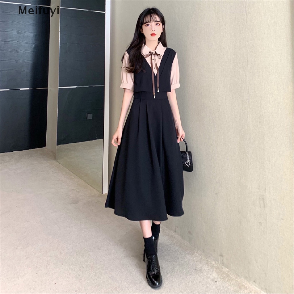 [Meifuyi] Đầm Maxi Dáng Chữ A Giả Hai Lớp Đơn Giản Thời Trang Mùa Hè Phong Cách Preppy Cổ Điển Hàn Quốc Dành Cho Bạn Nữ