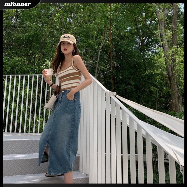 Áo Hai Dây Dệt Kim Kẻ Sọc Thoáng Khí Phong Cách Retro Cho Nữ