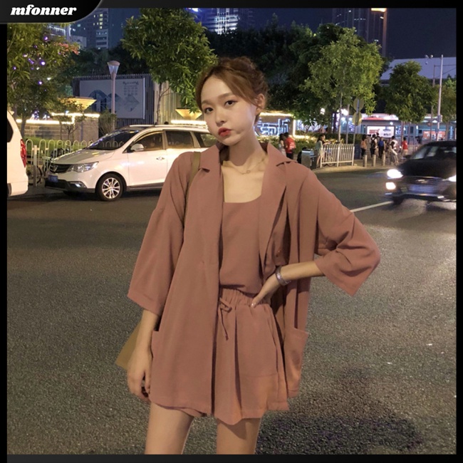 Set Đồ 3 Món Áo Hai Dây + Áo Khoác + Quần Ngắn Lưng Cao Màu Trơn Thời Trang Cho Nữ