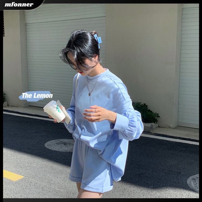 Set Đồ 2 Món Gồm Áo Cổ Tròn Dài Tay Màu Sắc Đơn Giản Kèm Quần Ngắn Cho Nữ