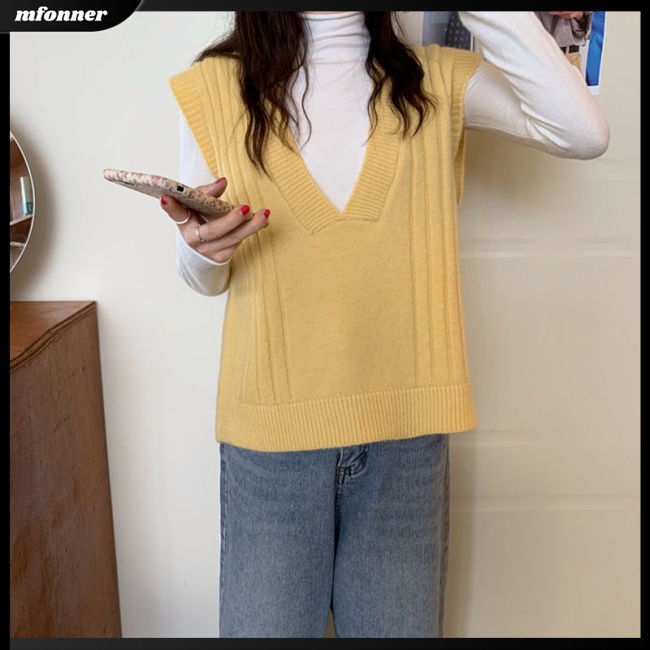 Áo Dệt Kim Sát Nách Dáng Rộng Cổ Chữ V Màu Sắc Retro Dành Cho Nữ