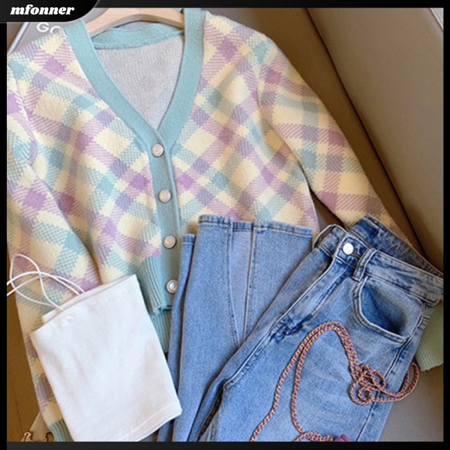 Áo Khoác Cardigan Dệt Kim Cổ Chữ V Họa Tiết Hình Thoi Màu Sắc Tươi Tắn Cho Nữ