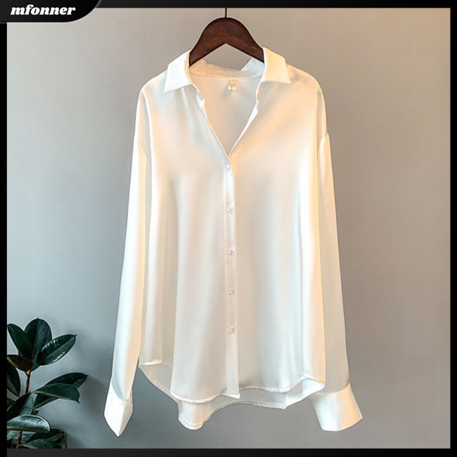Áo Sơ Mi Satin Dài Tay Dáng Rộng Màu Sắc Đơn Giản Thanh Lịch Cho Nữ