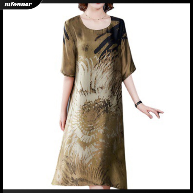 Đầm Midi Tay Ngắn Cổ Tròn Bằng Lụa Lạnh In Họa Tiết Plus Size Cho Nữ