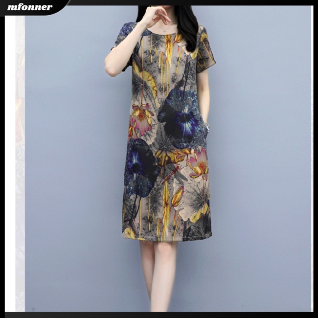 Đầm Tay Ngắn Cổ Tròn Dáng Rộng In Họa Tiết Thời Trang Mùa Hè Xinh Xắn Cho Nữ