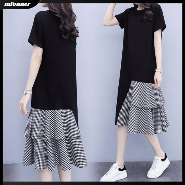 Đầm Thun Ngắn Tay Giả Hai Lớp Thiết Kế Không Đồng Đều Phong Cách Hàn Quốc Hàng Mới Dành Cho Bạn Nữ