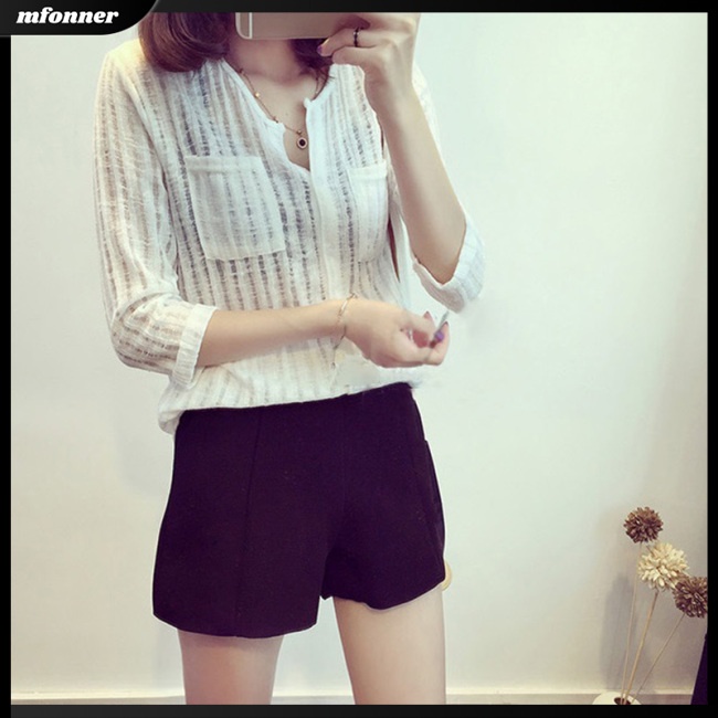 Áo Sơ Mi Nữ Dáng Rộng Cổ Chữ V Thoáng Khí Họa Tiết Kẻ Sọc Dọc Thời Trang