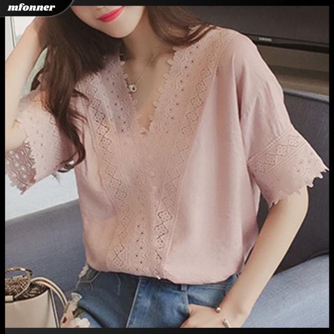 Áo Thun Nữ Cổ Chữ V Phối Ren Lỗ Đơn Giản Dễ Phối Đồ
