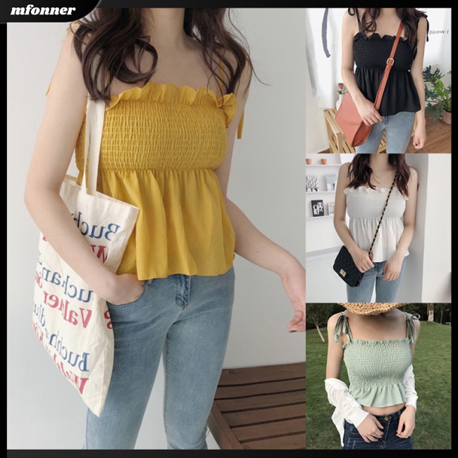 Áo Hai Dây Dạng Nén Màu Trơn Dễ Thương Thời Trang Mùa Hè Cho Bạn Gái