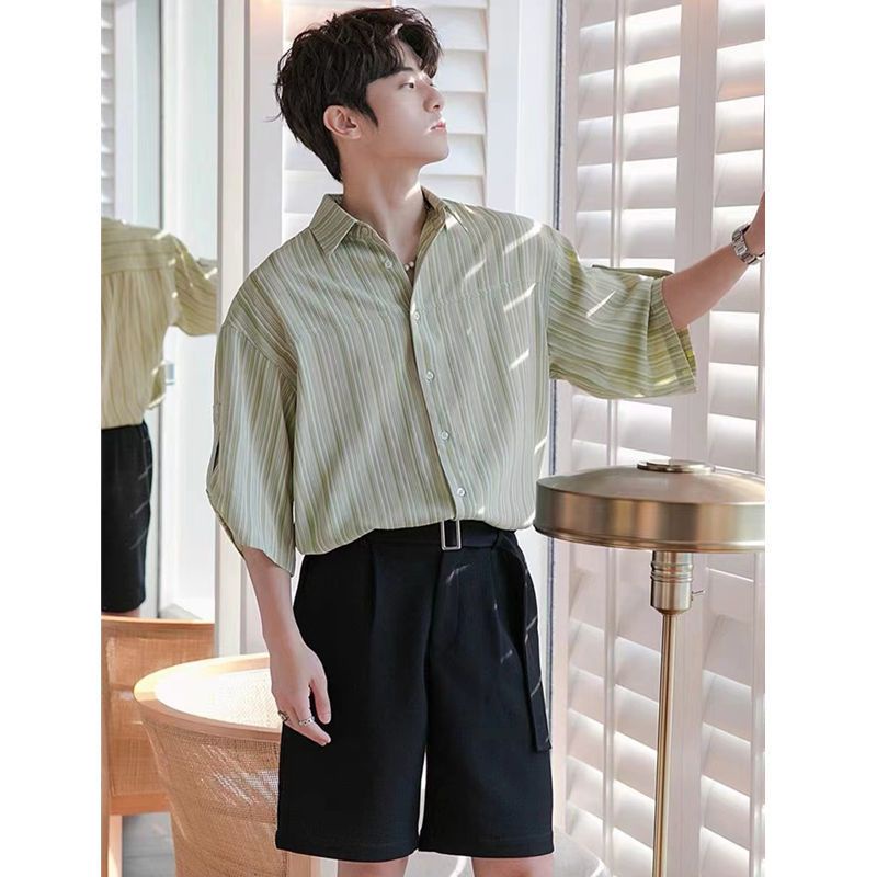 Set Áo Sơ Mi Tay Ngắn Kẻ Sọc Phối Quần Short Thời Trang Hàn Quốc Cá Tính Cho Nam