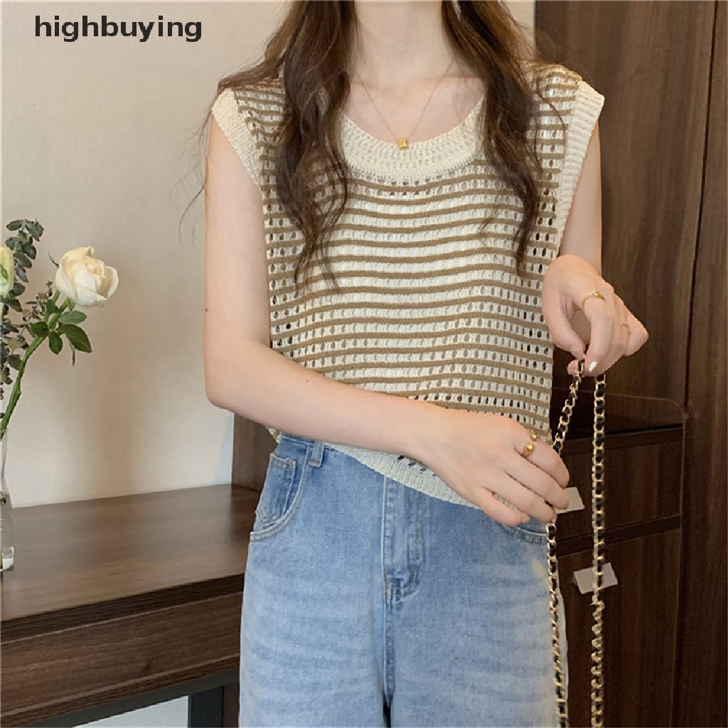 Áo Dệt Kim Không Tay Dáng Rộng Họa Tiết Kẻ Sọc Thời Trang Mùa Hè Cho Nữ