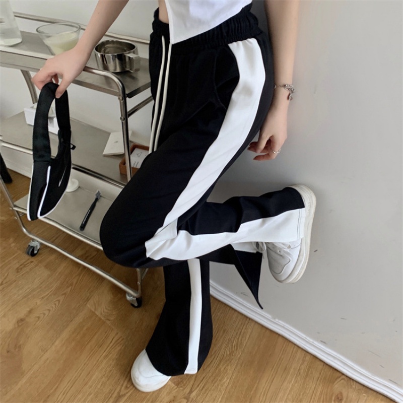 Quần Dài Lưng Cao Ống Rộng Xẻ Tà Màu Trắng Đen Phong Cách Retro