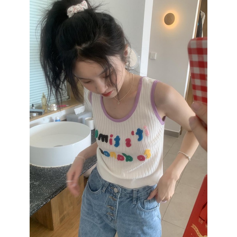 Áo Dệt Kim Sát Nách Dáng Ngắn In Họa Tiết Thời Trang Mùa Hè Phong Cách Hàn Quốc Cho Nữ