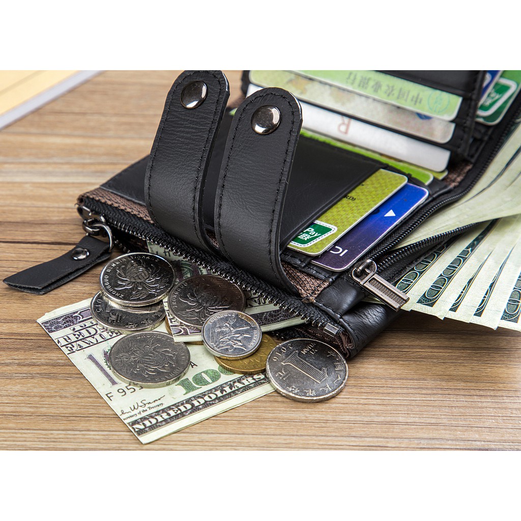 Ví Da Nam Gập Đôi Có Khóa Kéo Và Dây Xích Chống Trộm
