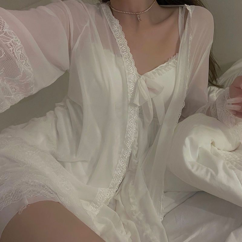 Bộ Đồ Ngủ Hai Dây Phối Ren Dáng Rộng Phong Cách Hàn Quốc Thời Trang Xuân Thu Cho Nữ