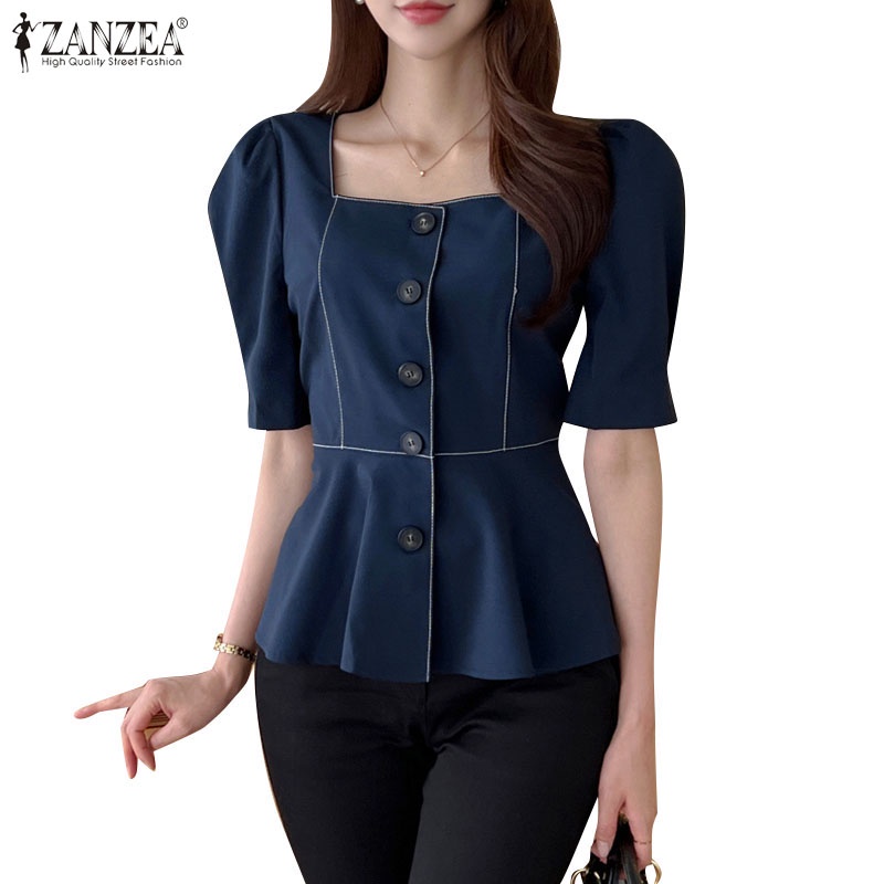 ZANZEA Áo Peplum Cổ Vuông Tay Phồng Ngắn Thời Trang Cho Nữ