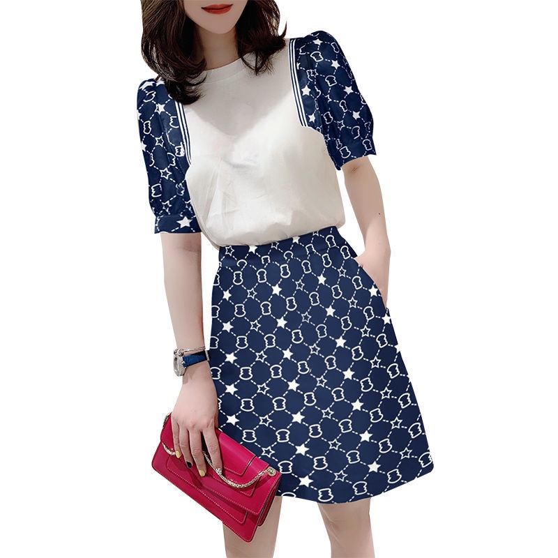 Set Áo Thun Ngắn Tay Và Chân Váy Chữ A Màu Xanh Đậm Phong Cách Châu Âu Thời Trang Mùa Hè Mới Cho Nữ