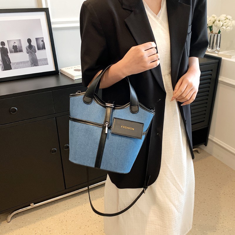 Ielgy Túi Xách bucket Bằng Vải canvas Phối Màu Tương Phản Đa Năng Thời Trang Di Động Cho Nữ