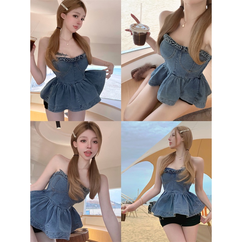 Áo Thun denim Hở Vai Thời Trang Hè Cá Tính Cho Bé Gái
