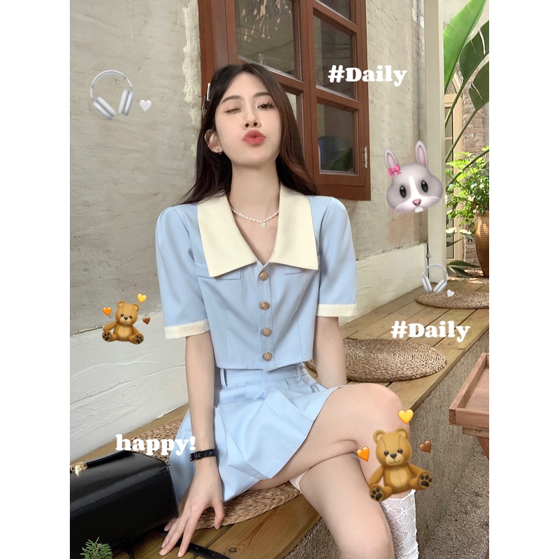 Set Áo Lửng Cổ Bẻ Dài Tay + Quần short Lưng Cao Thời Trang Nữ