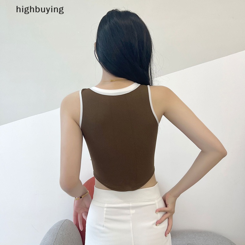 Áo Hai Dây Cổ Tròn In Họa Tiết Màu Sắc Tương Phản Phong Cách Retro Cho Nữ