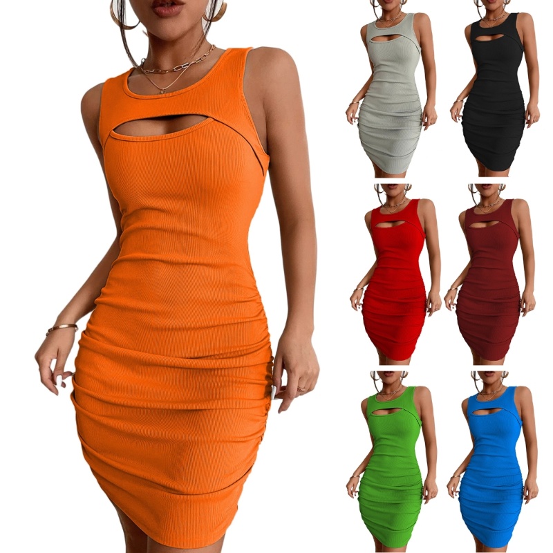 Đầm Cổ Tròn Xếp Ly Ôm Dáng Màu Trơn Quyến Rũ Dành Cho Nữ