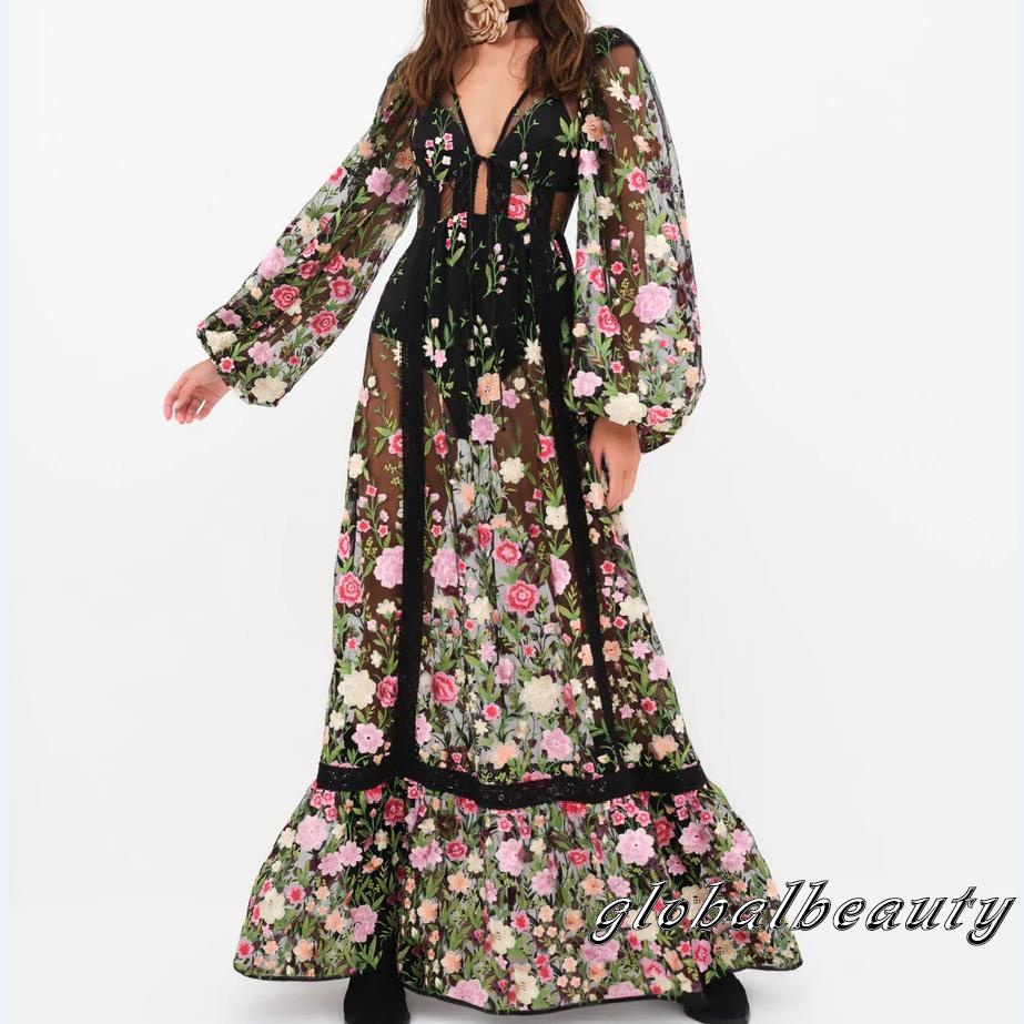 Đầm Dài Tay Cổ Chữ V Hở Lưng Họa Tiết Hoa Thời Trang Mùa Hè Cho Nữ
