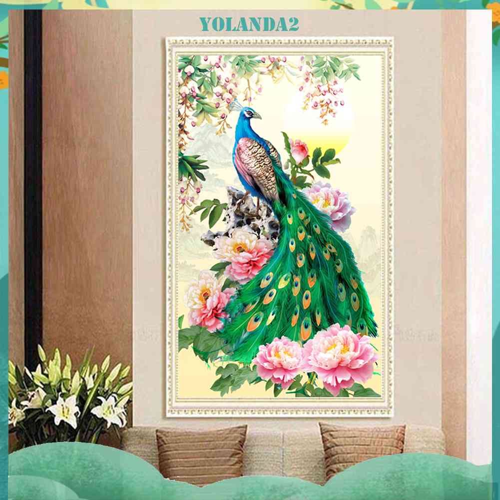 Tranh Thêu Chữ Thập Đính Đá Kim Cương DIY Hình Vẽ Hoa Chim Công