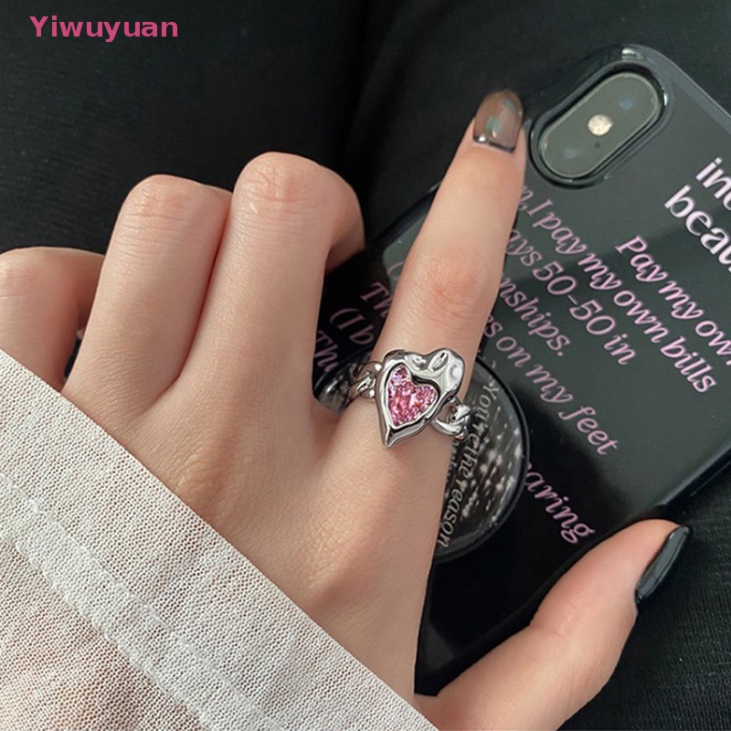 < Yiwuyuan > Nhẫn Đính Đá Pha Lê Hồng Hình Trái Tim Phong Cách Goth Harajuku Cổ Điển Thập Niên 90 Cho Nữ EMO Y2K