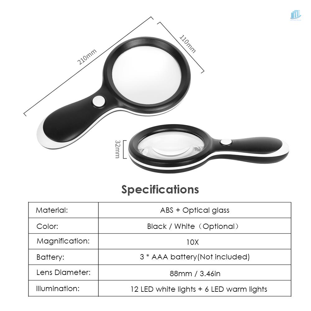 Kính Lúp Cầm Tay 10X Đường Kính Lớn 88mm Có Đèn LED Ấm Áp