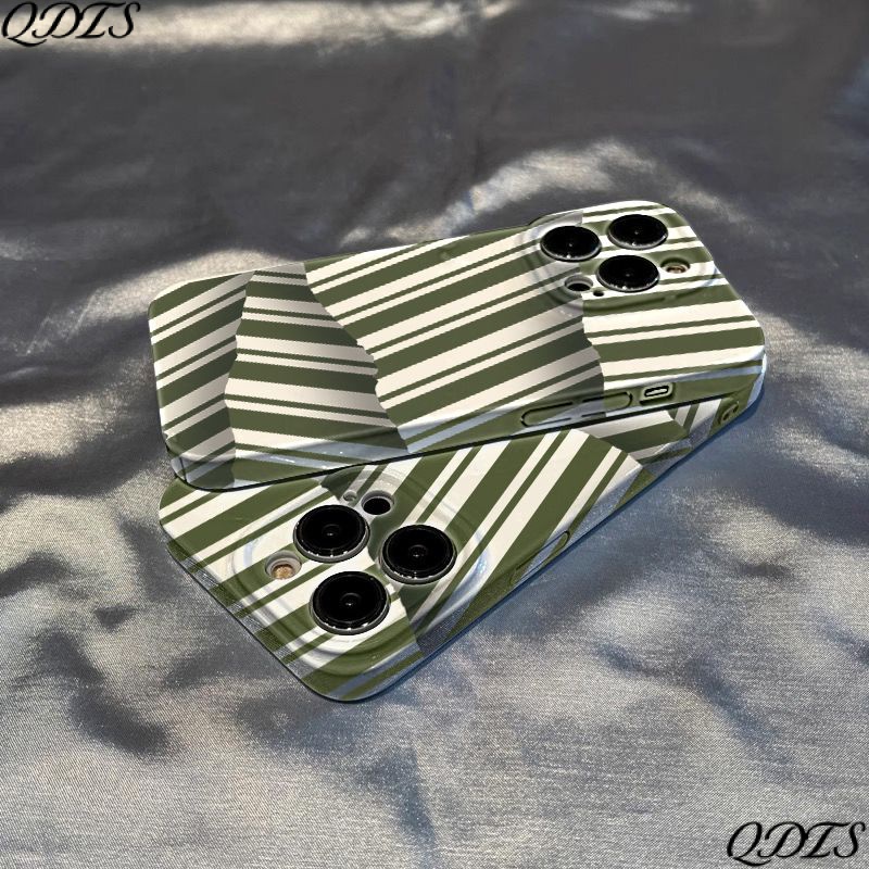 Ốp Điện Thoại Họa Tiết Kẻ Sọc Màu Xanh Lá Phong Cách Hàn Quốc Sang Trọng Cho iPhone13 78ON 12 14Pro / XR Max