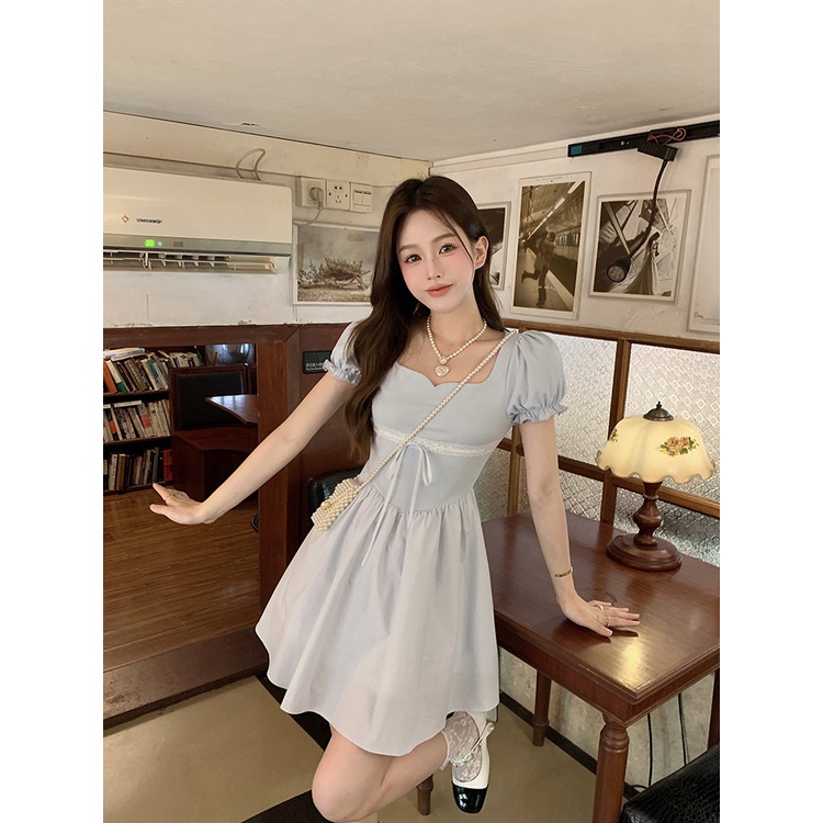 Đầm Dài Dệt Kim Tay Phồng Cột Nơ Phối Họa Tiết Xinh Xắn Thời Trang Cho Nữ