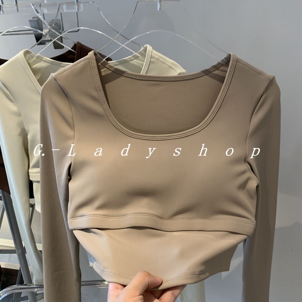 Áo Thun Thể Thao Yoga Tay Dài Màu Trà Sữa Nhạt Phong Cách Âu Mỹ Có Đệm Ngực