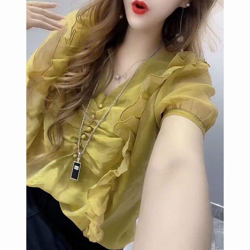 Áo Sơ Mi Tay Ngắn Cổ Chữ V Màu Trơn Phong Cách Thời Trang Phương Tây Thời Trang Mùa Hè 2023