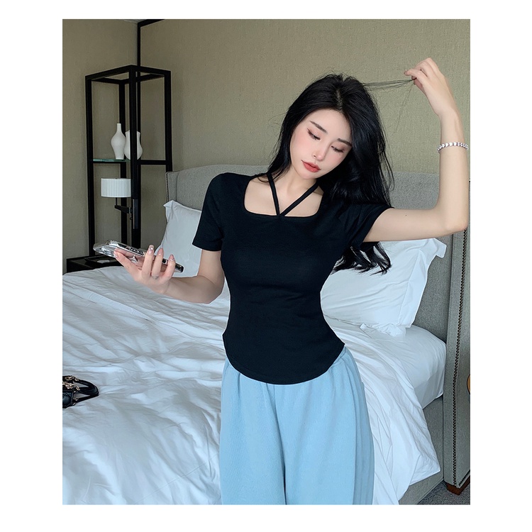 SUXI Áo Thun Tay Ngắn Cổ Vuông Màu Trơn Thời Trang Mùa Hè Cho Nữ