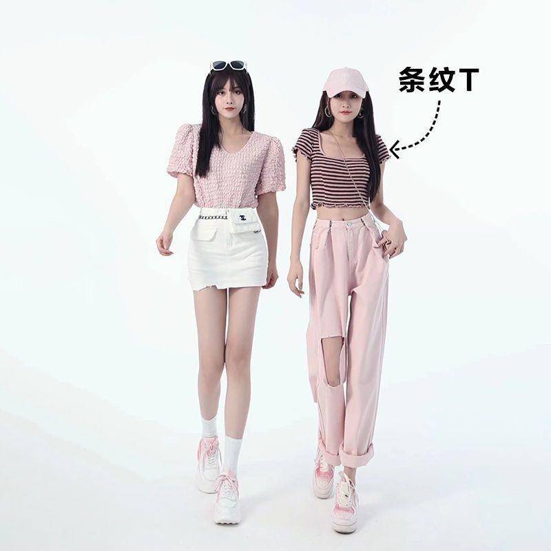 Set Áo Thun Ngắn Tay Kẻ Sọc Ngang Và Quần Short Denim Thời Trang Mùa Hè Mới Cho Nữ