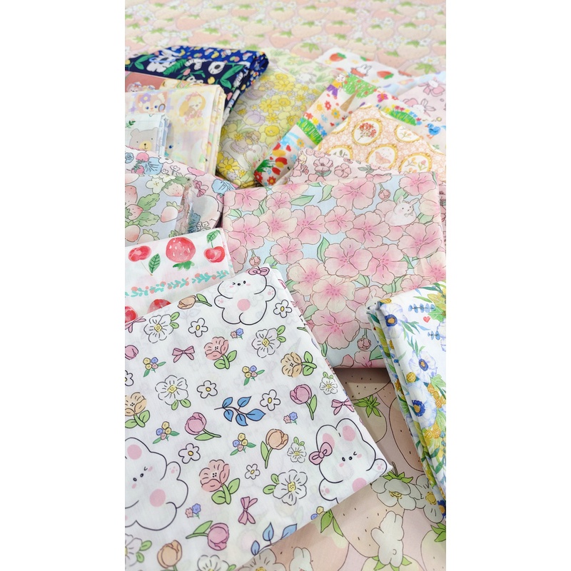 Tấm Vải 100% Cotton Rộng 145cm Họa Tiết Thỏ Vintage