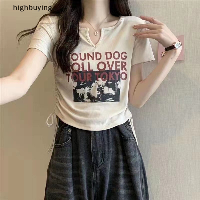 Áo Thun Lửng Ngắn Tay Cổ Chữ V In Chữ Phong Cách Retro Cho Nữ