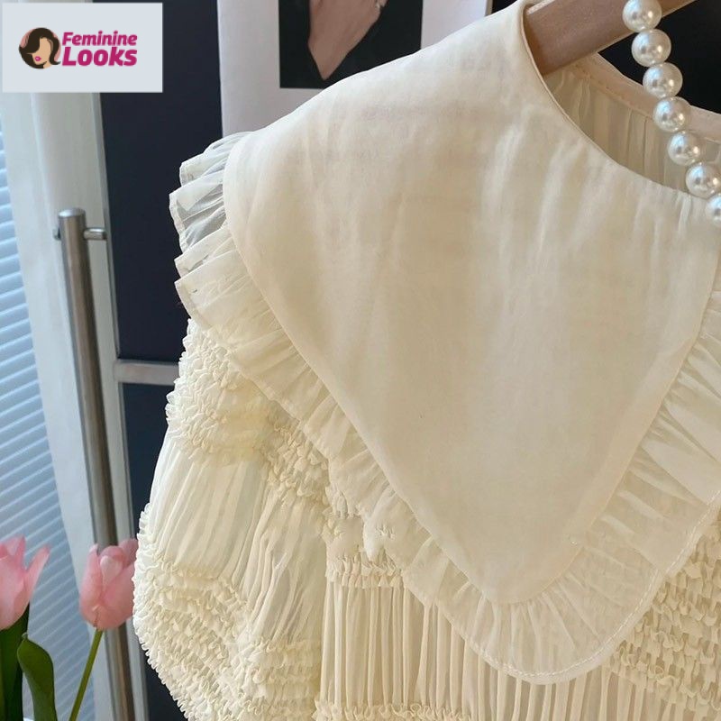 Áo Thun Tay Ngắn Dáng Rộng Cổ Búp Bê Xếp Ly Phong Cách Pháp