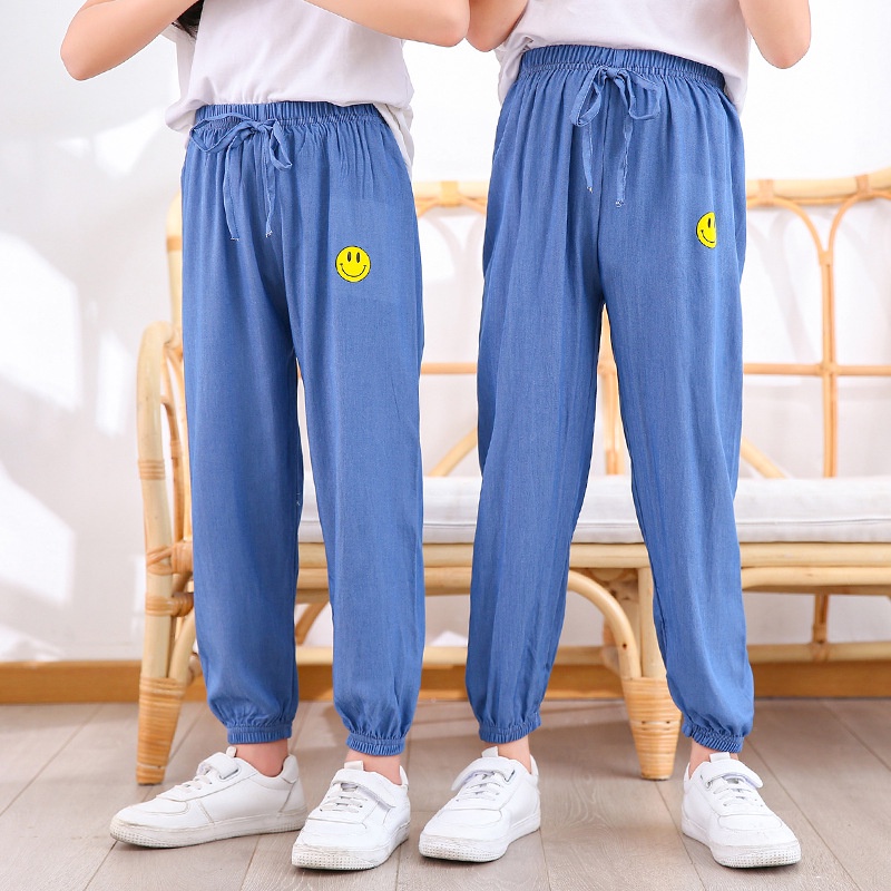 Quần Jean Dài Cotton Mềm Mại Co Giãn Thoáng Khí Chống Muỗi In Họa Tiết Hoạt Hình Dành Cho Trẻ Em 100-160cm